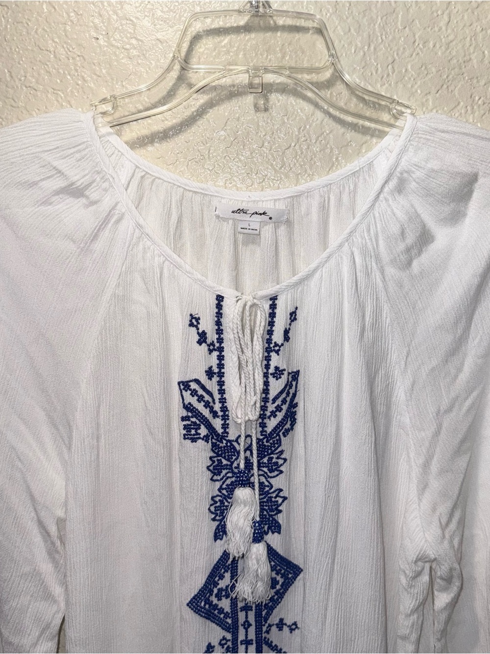 Ultra Pink L White Embroidered Boho Peasant Blouse Tassel Sheer Top - Picture 2 of 13